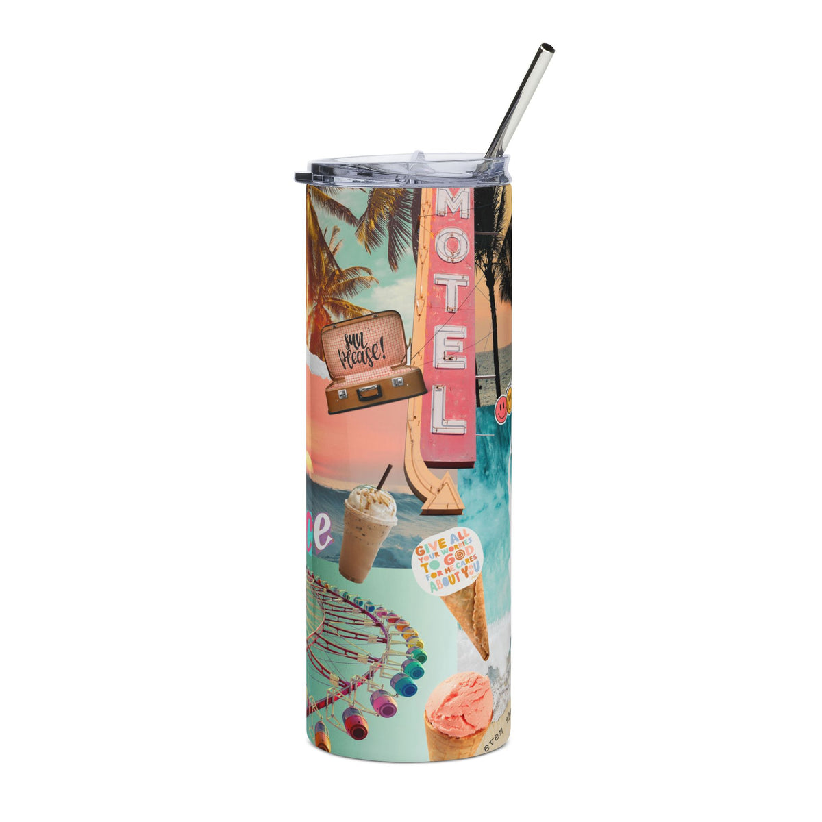 Saved By Grace Beach 20oz Stainless Tumbler Retro Beach Collage Water Bottle
