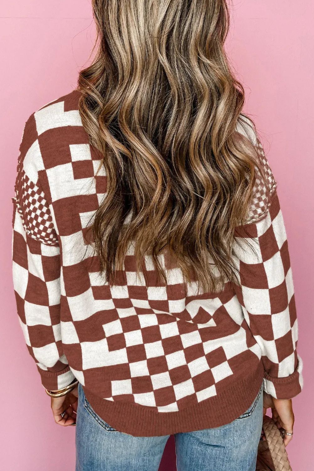 Checkered Round Neck Long Sleeve Sweater - Sydney So Sweet