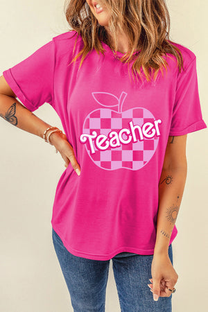 Hot Pink Teacher Apple Short Sleeve Women's Graphic T-Shirt - Sydney So Sweet