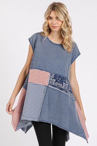 Mittoshop Patchwork Mineral Washed Round Neck Cap Sleeve Top - Sydney So Sweet