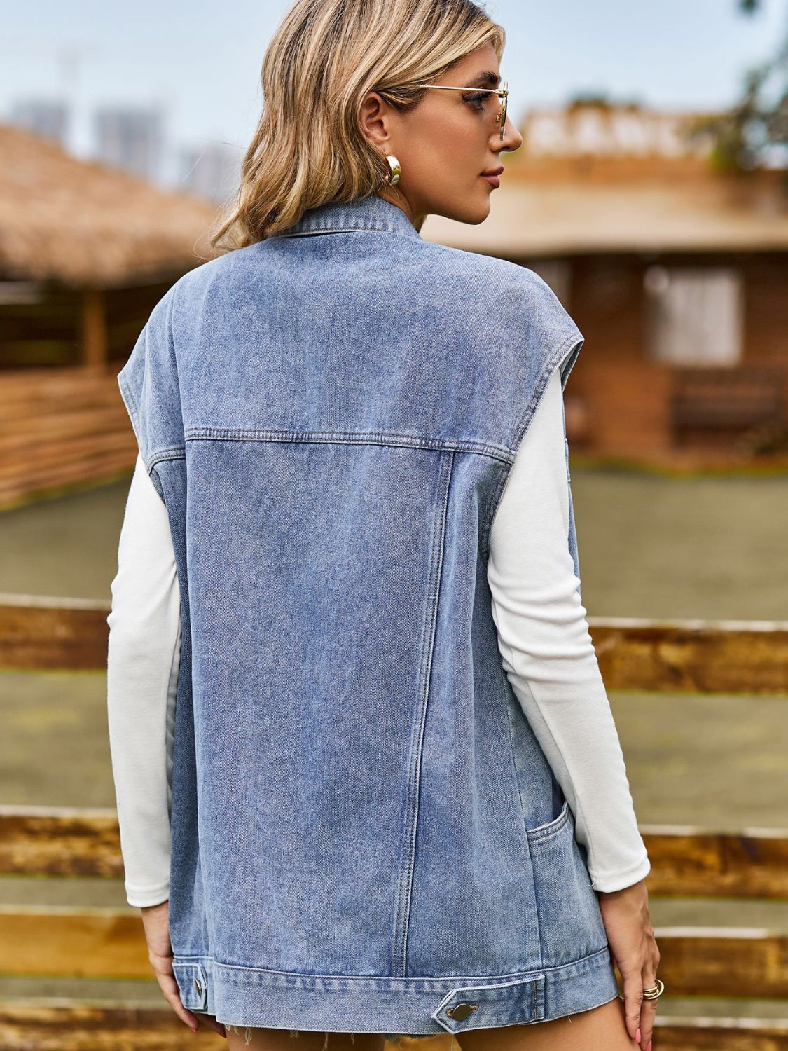 Button Up Collared Neck Sleeveless Denim Jacket - Sydney So Sweet