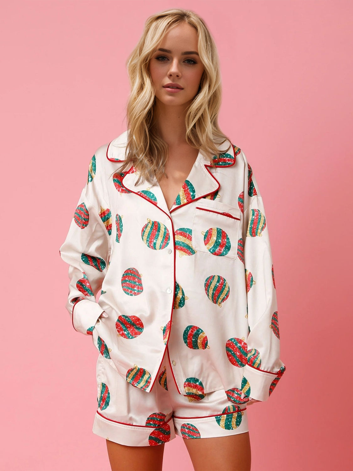 Printed Collared Neck Long Sleeve Top and Shorts Set - Sydney So Sweet