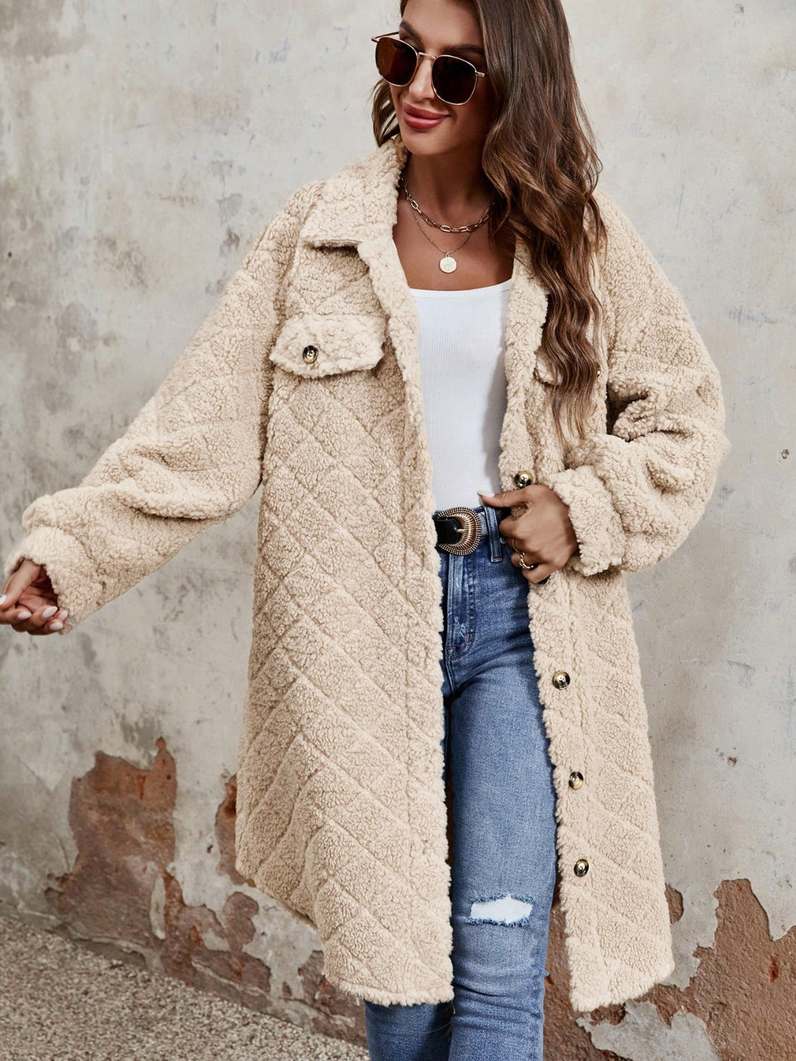 Fuzzy Button Up Dropped Shoulder Long Sleeve Coat - Sydney So Sweet