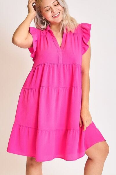Umgee Full Size Johnny Collar Ruffle Cap Sleeve Tiered Dress Plus Size - Sydney So Sweet