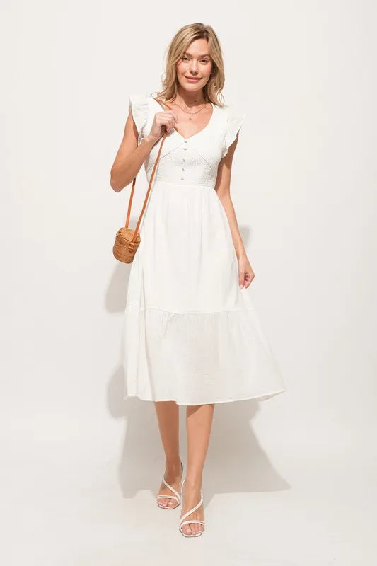 And The Why Ruffle Sleeve Front Smocked Tiered Midi Dress - Sydney So Sweet
