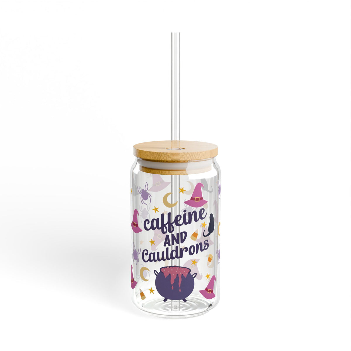 Caffeine and Cauldrons Halloween Sipper Glass 16oz Reusable Drink Jar with Lid & Straw