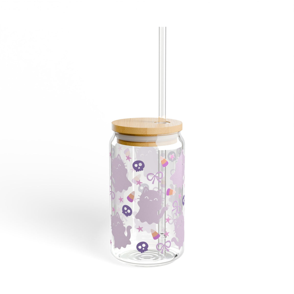 Ghost Kitty & Candy Halloween Sipper Glass 16oz Reusable Drink Jar with Lid & Straw