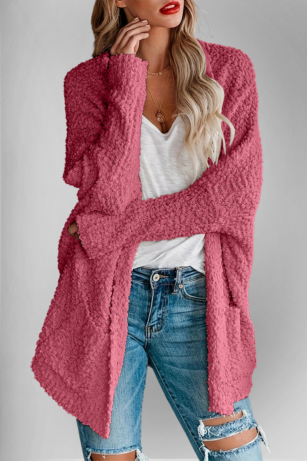 Double Take Pocketed Open Front Long Sleeve Cardigan Sweater - Sydney So Sweet