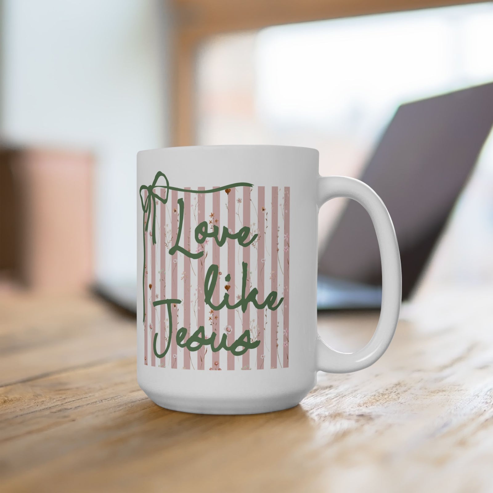 Love Like Jesus Pink Stripe Inspirational Ceramic Mug Coffee Cup (11oz & 15oz)