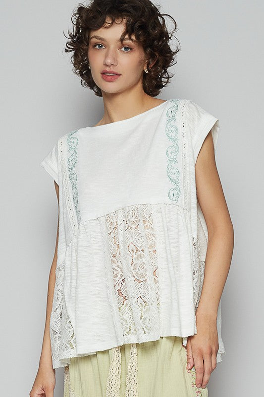 POL Embroidered Detail Boat Neck Cap Sleeve Lace Blouse - Sydney So Sweet