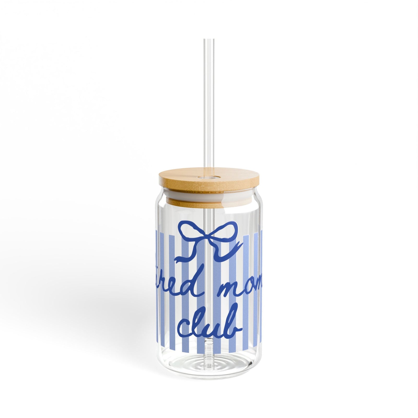 Tired Mom Club Blue Striped Sipper Glass 16oz Reusable Drink Jar with Lid & Straw