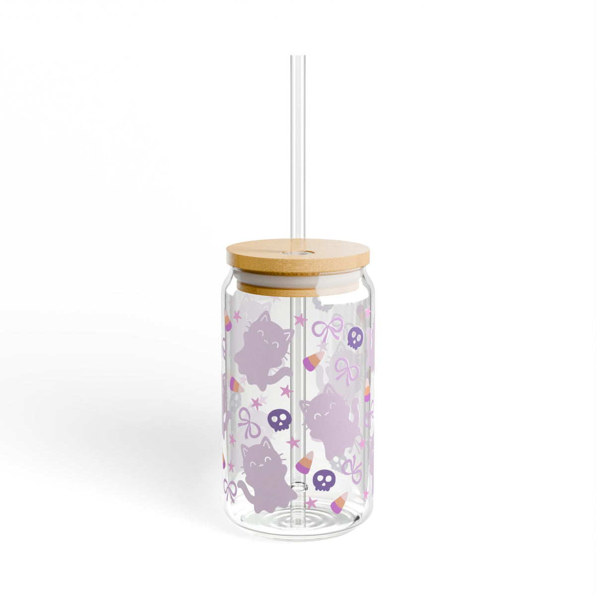 Ghost Kitty & Candy Halloween Sipper Glass 16oz Reusable Drink Jar with Lid & Straw