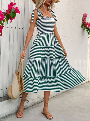 Smocked Striped Square Neck Midi Dress - Sydney So Sweet