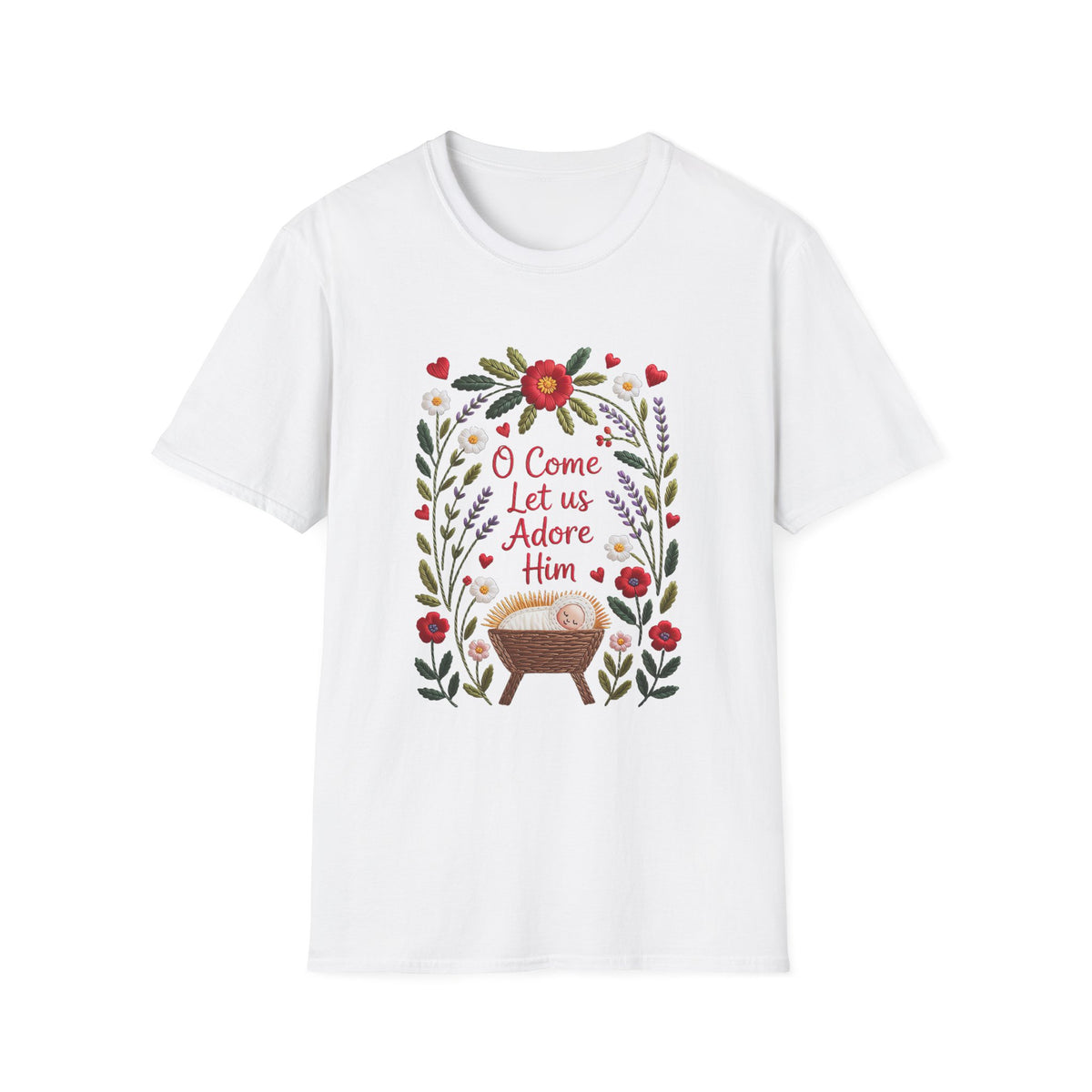 O Come Let Us Adore Him Christmas Tee Faux Embroidery Christian T-Shirt