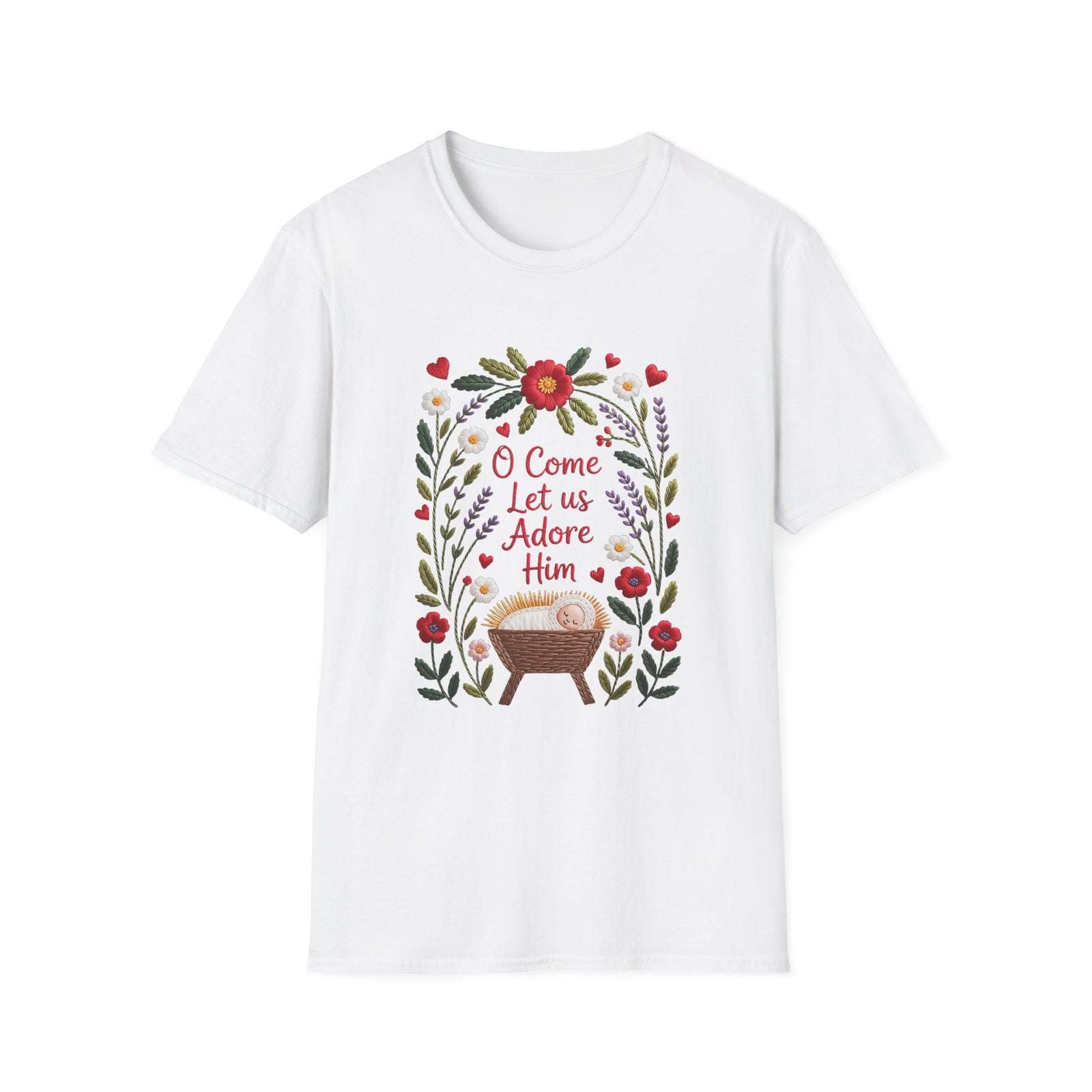 O Come Let Us Adore Him Christmas Tee Faux Embroidery Christian T-Shirt