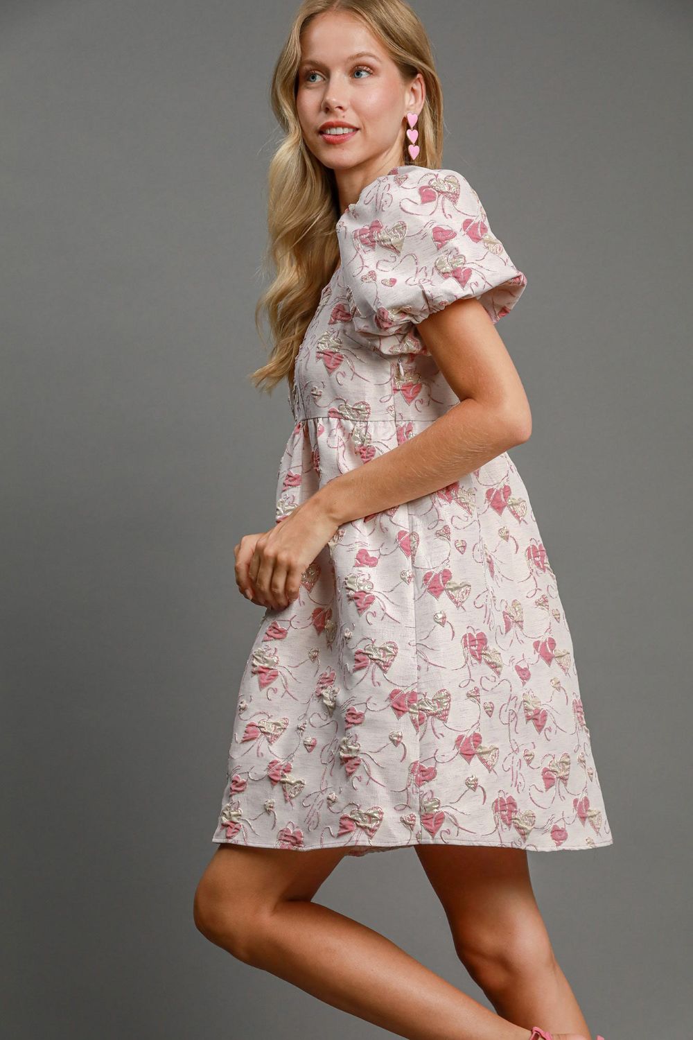 Umgee Heart Jacquard Square Neck Puff Sleeve Mini Dress - Sydney So Sweet