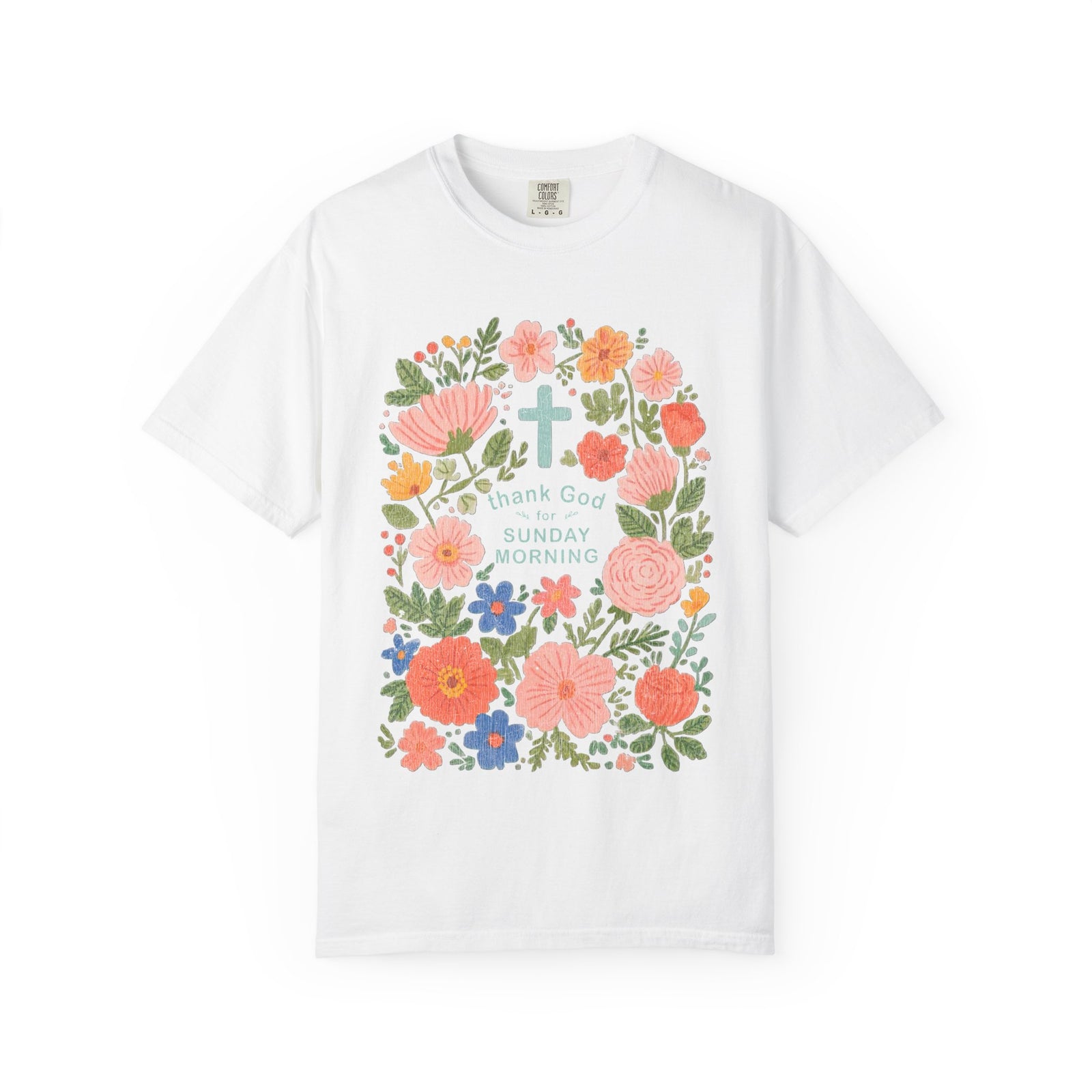 Thank God for Sunday Morning Christian Unisex Distressed Tee Floral T-Shirt