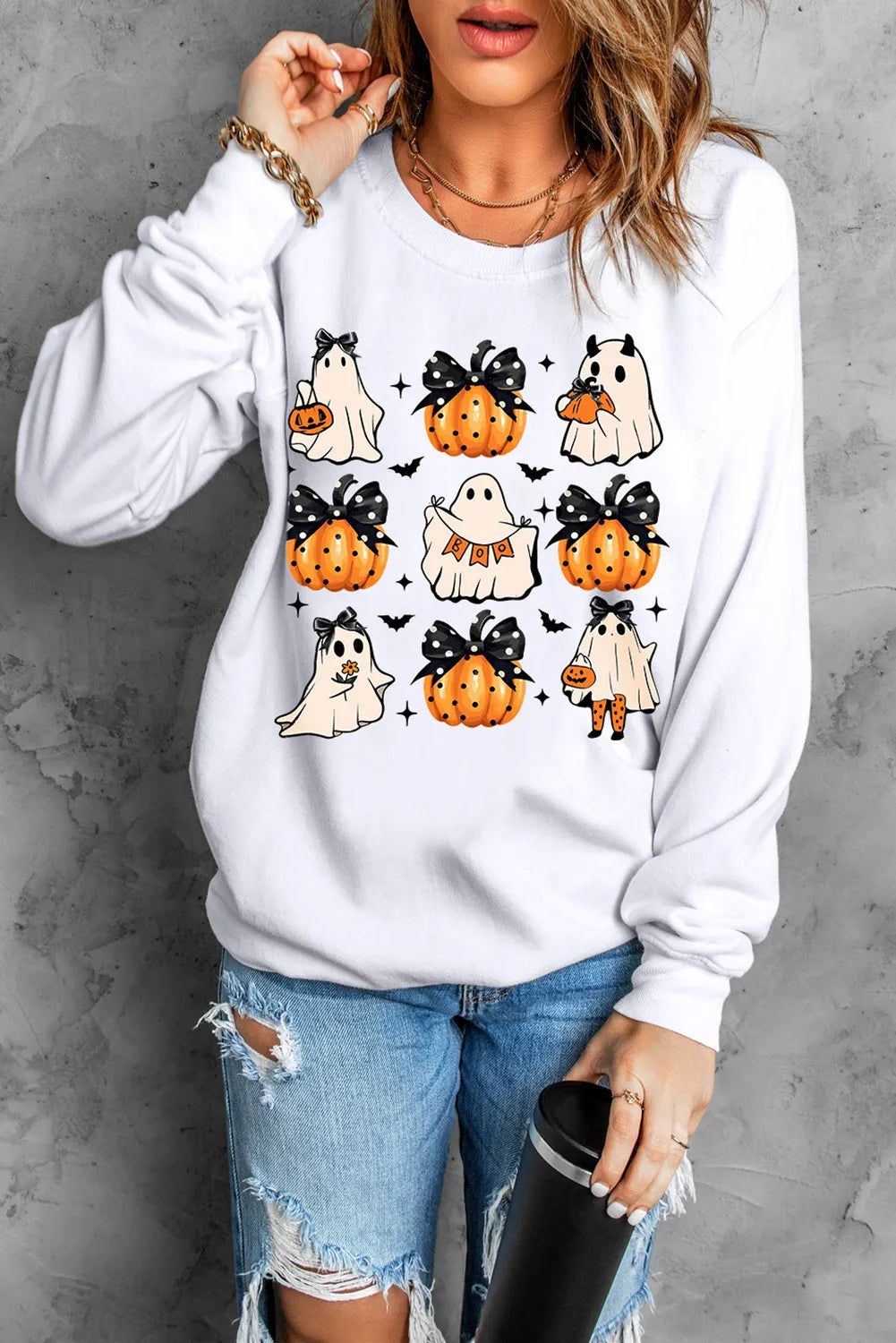 Pumpkin & Ghost Round Neck Long Sleeve Women's Graphic Sweatshirt - Sydney So Sweet