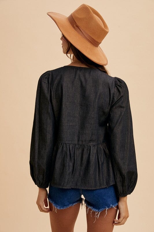 Annie Wear Tie Front Peplum Long Sleeve Denim Top - Sydney So Sweet