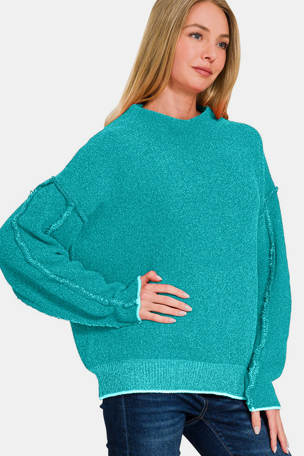 Zenana Exposed Seam Mock Neck Long Sleeve Sweater - Sydney So Sweet