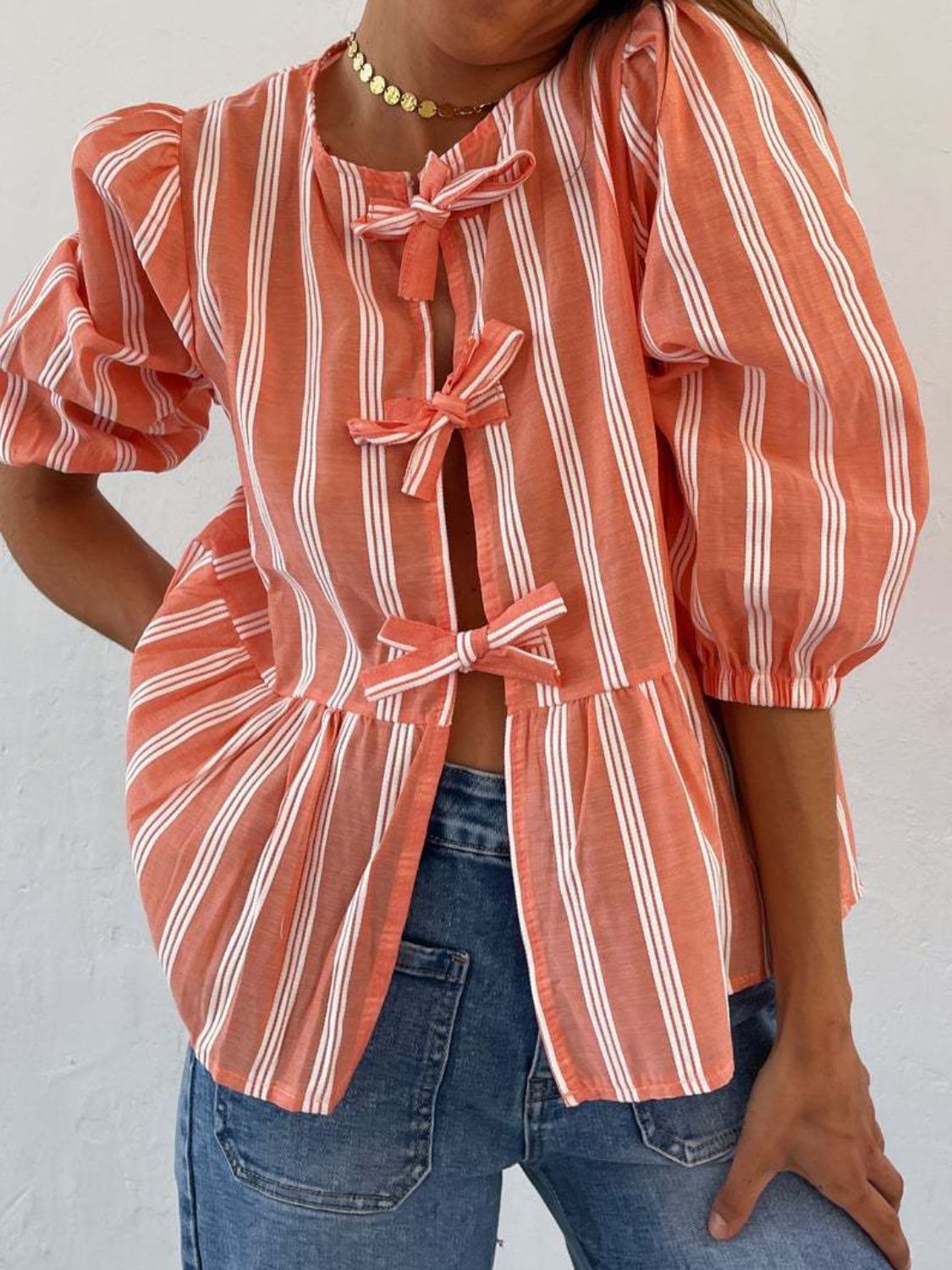 Tied Round Neck Balloon Sleeve Shirt - Sydney So Sweet