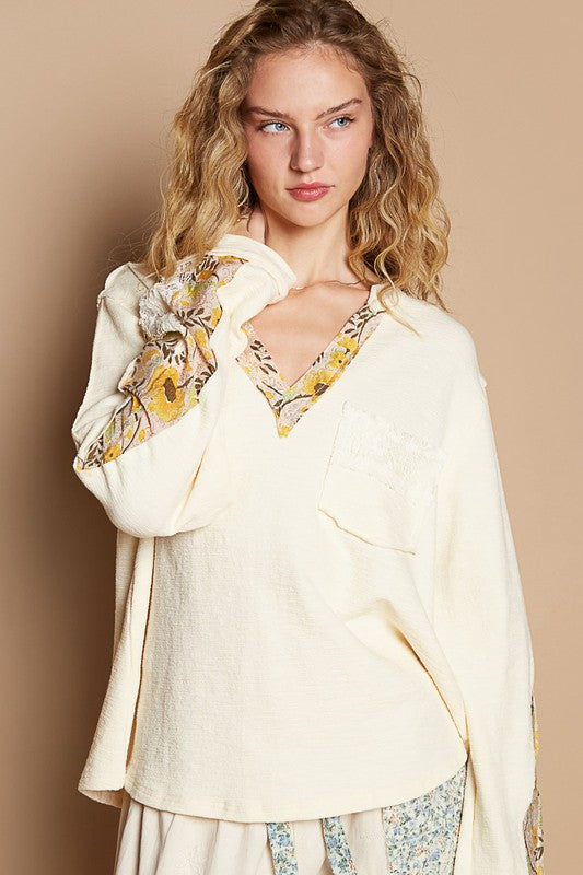 POL Lace Detail Flower Printed V-Neck Knit Top - Sydney So Sweet