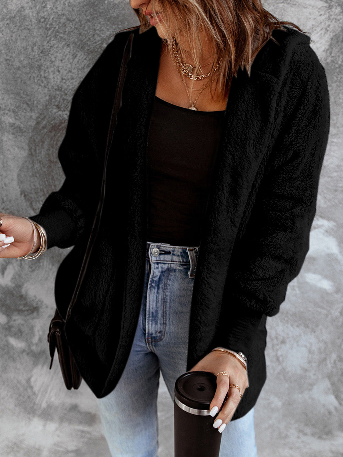 Open Front Hooded Faux Fur Cardigan with Pockets - Sydney So Sweet