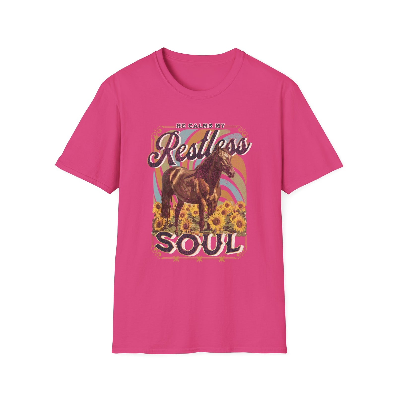 He Calms My Restless Soul T-Shirt Christian Horse & Sunflower Distressed Graphic Tee