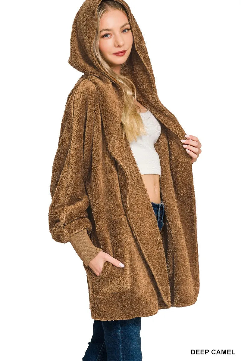 Zenana Hooded Faux Fur Jacket with Pockets - Sydney So Sweet