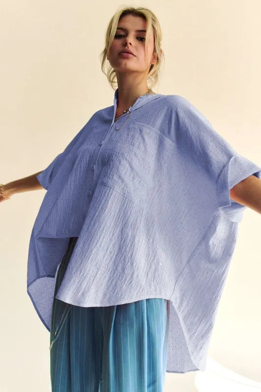 Davi & Dani Rhinestone Pleat Back Short Sleeve Loose Fit Shirt - Sydney So Sweet