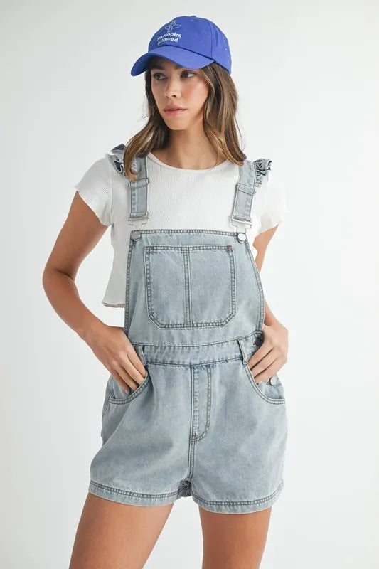 MABLE Square Neck Ruffle Shoulder Denim Overall Romper - Sydney So Sweet