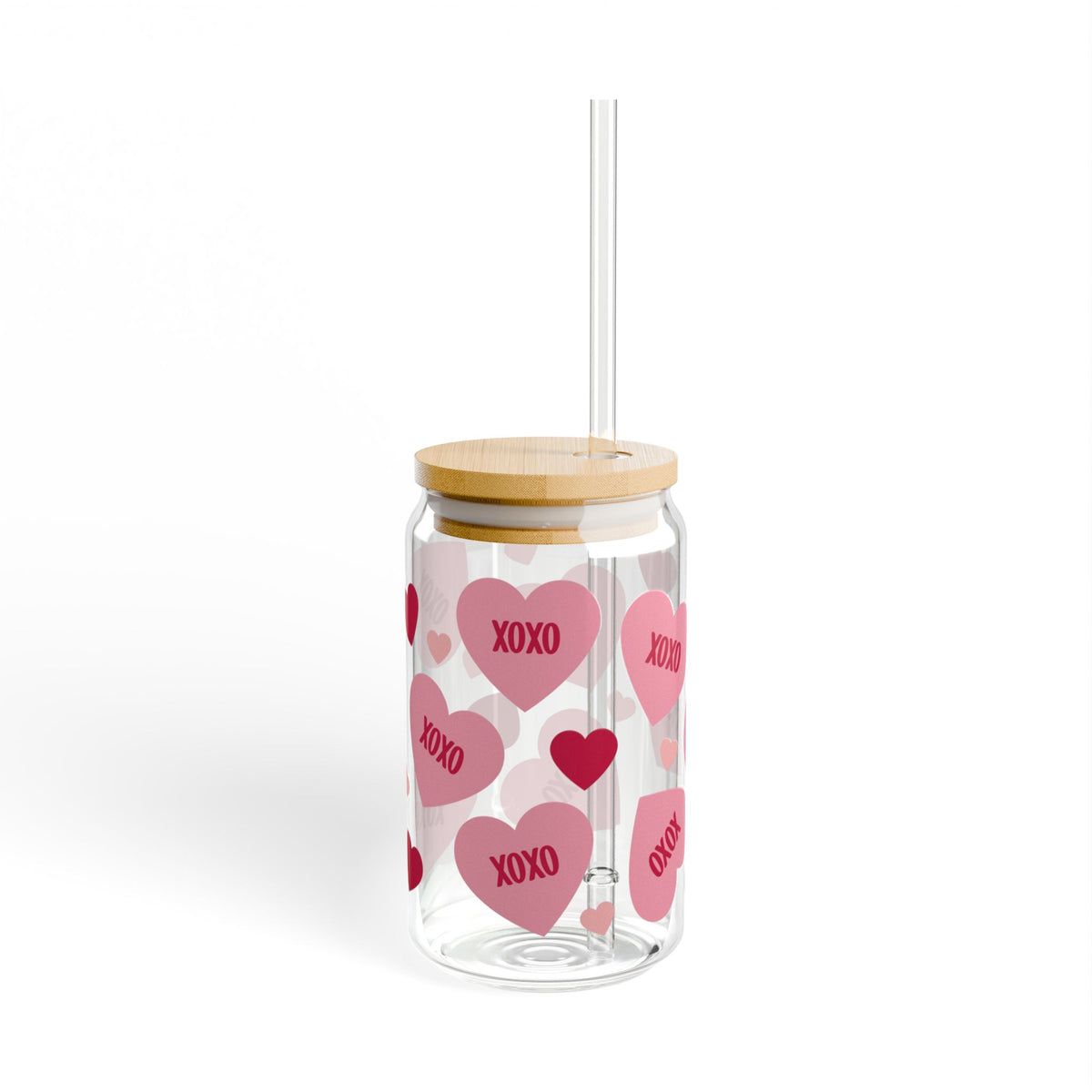 XOXO Hearts Tumbler Sipper Glass 16oz — Reusable Drink Jar with Lid & Straw - Sydney So Sweet