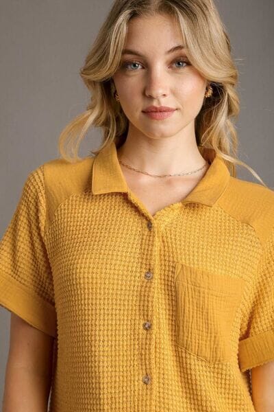 Umgee Full Size Waffle-Knit Short Sleeve Button Down Shirt Plus Size - Sydney So Sweet