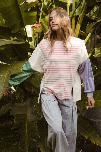 BiBi Exposed Seam Slit Striped Round Neck T-Shirt - Sydney So Sweet