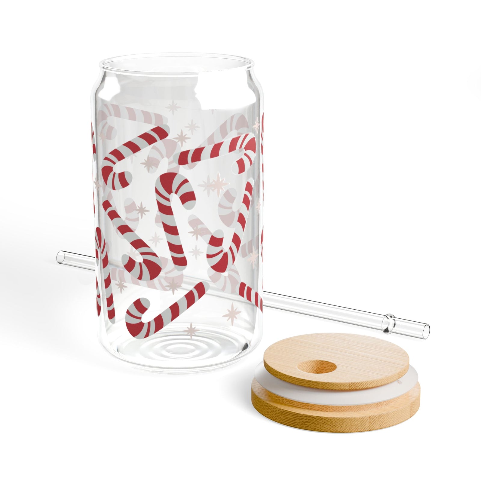 Candy Cane Cute Sipper Glass 16oz Reusable Drink Jar with Lid & Straw