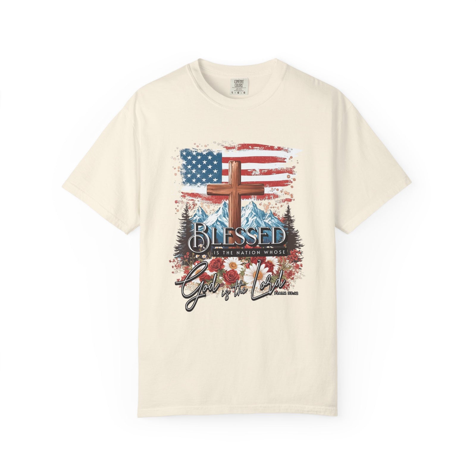 Blessed is the Nation Cross American Flag T-Shirt Christian Patriotic Graphic Tee