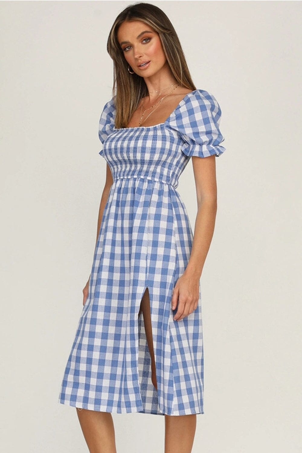 Full Size Slit Plaid Short Sleeve Midi Dress - Sydney So Sweet