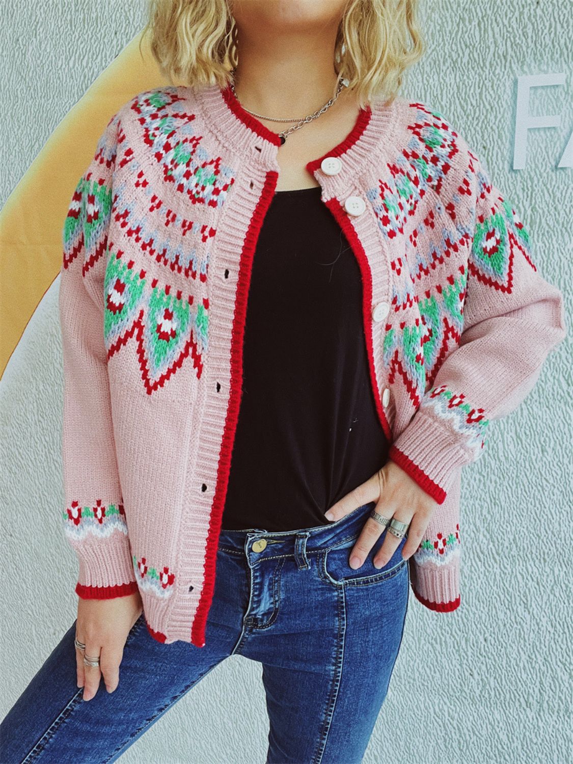 Contrast Geometric Round Neck Long Sleeve Cardigan Sweater - Sydney So Sweet