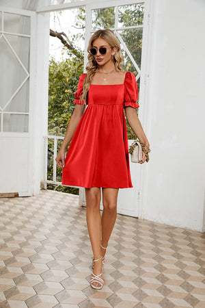 Ruched Square Neck Flounce Sleeve Mini Dress - Sydney So Sweet