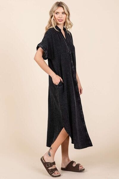 Mittoshop Mineral Wash V Neck Button Up Midi Shirt Dress - Sydney So Sweet