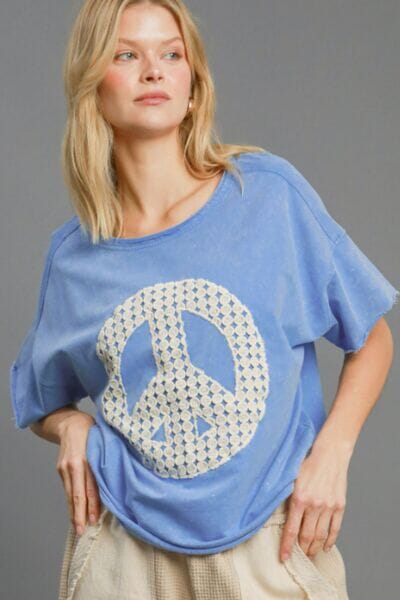 Umgee Full Size Mineral Wash T-Shirt with Lace Applique Plus Size - Sydney So Sweet