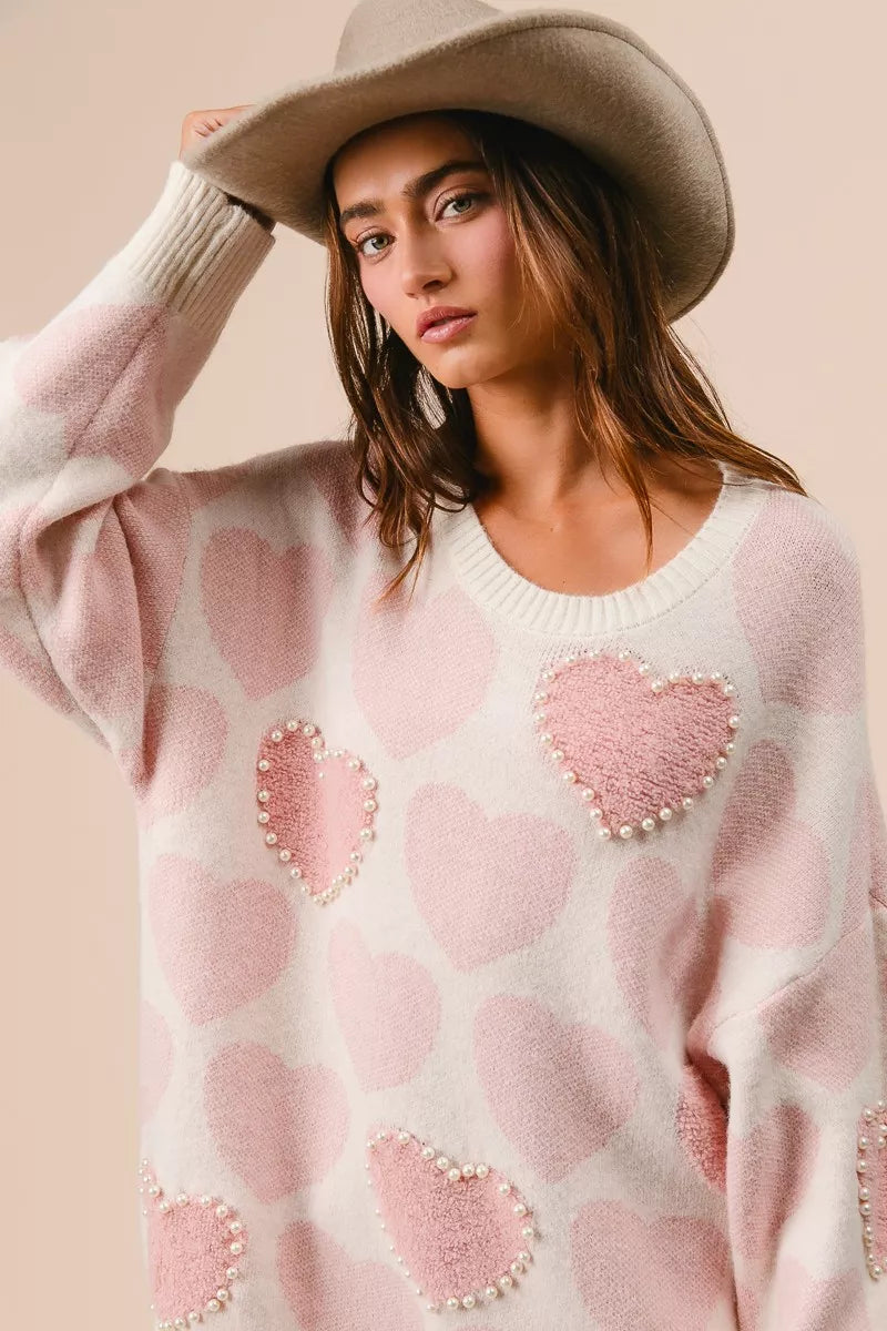 BiBi Heart Pattern Sweater with Pearl Detail - Sydney So Sweet