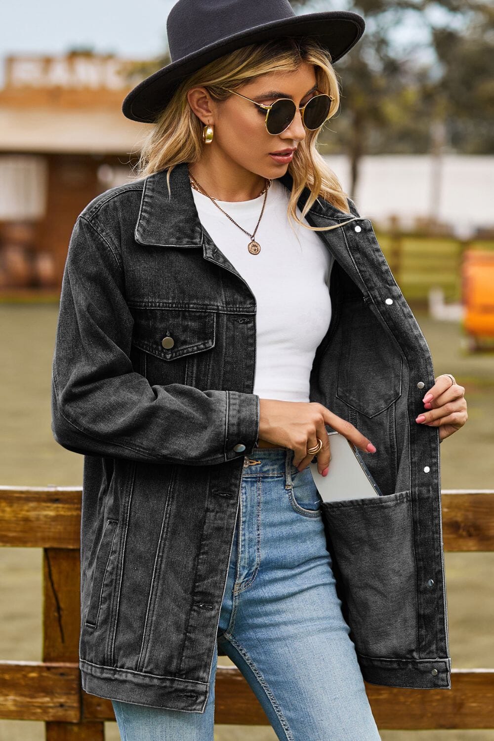 Buttoned Collared Neck Denim Jacket with Pockets - Sydney So Sweet