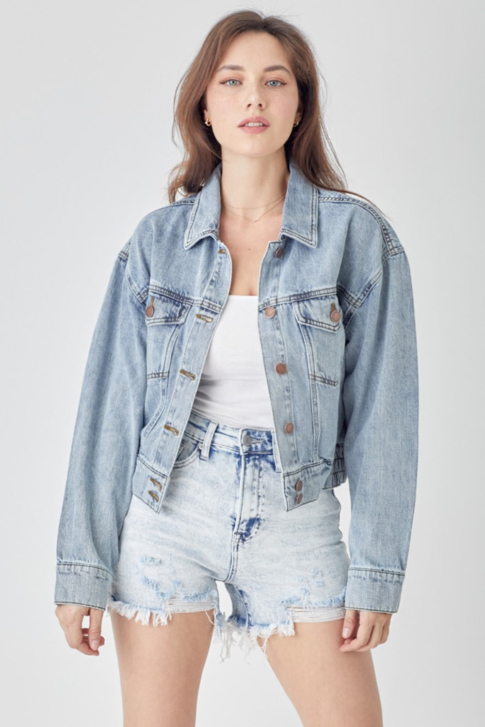 RISEN Full Size Button Down Cropped Denim Jacket - Sydney So Sweet