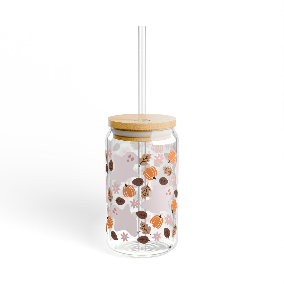 Fall Ghostie Pumpkin Floral Sipper Glass 16oz Reusable Drink Jar with Lid & Straw