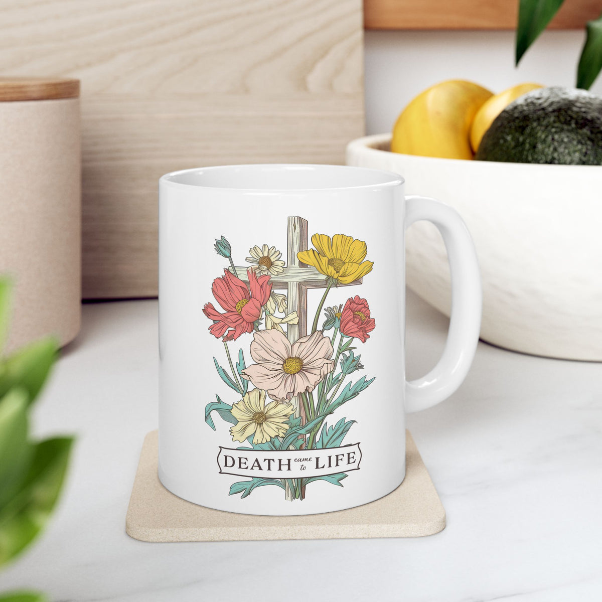 Death Came to Life Floral Cross Christian Ceramic Mug Coffee Cup (11oz & 15oz)