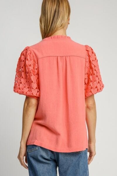 Umgee Full Size Heart Lace Sleeve Ruffle Collar Top Plus Size - Sydney So Sweet