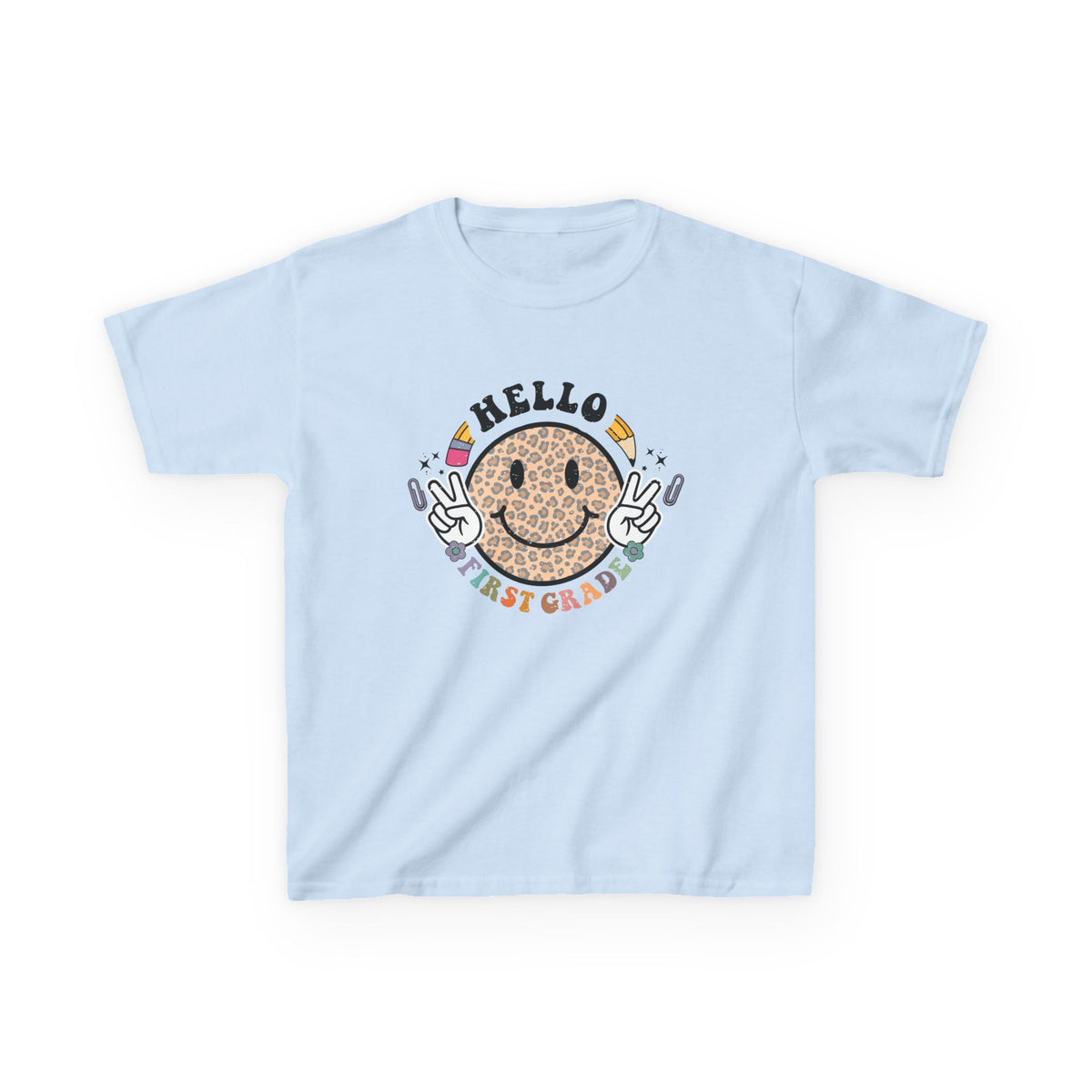 First Grade Cheetah Smiley Face Graphic Tee Back-to-School 1st Grade Kids T-Shirt