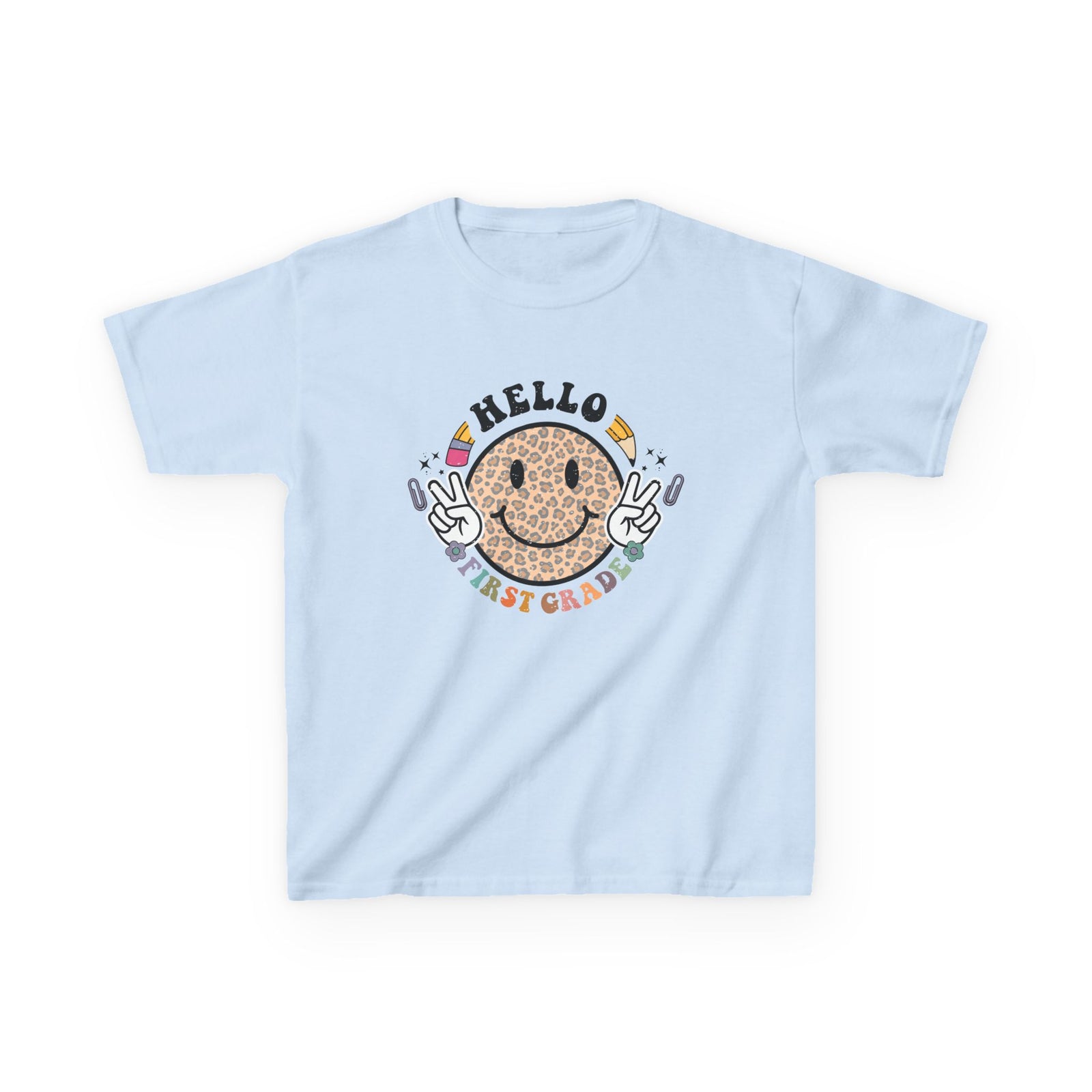 First Grade Cheetah Smiley Face Graphic Tee Back-to-School 1st Grade Kids T-Shirt