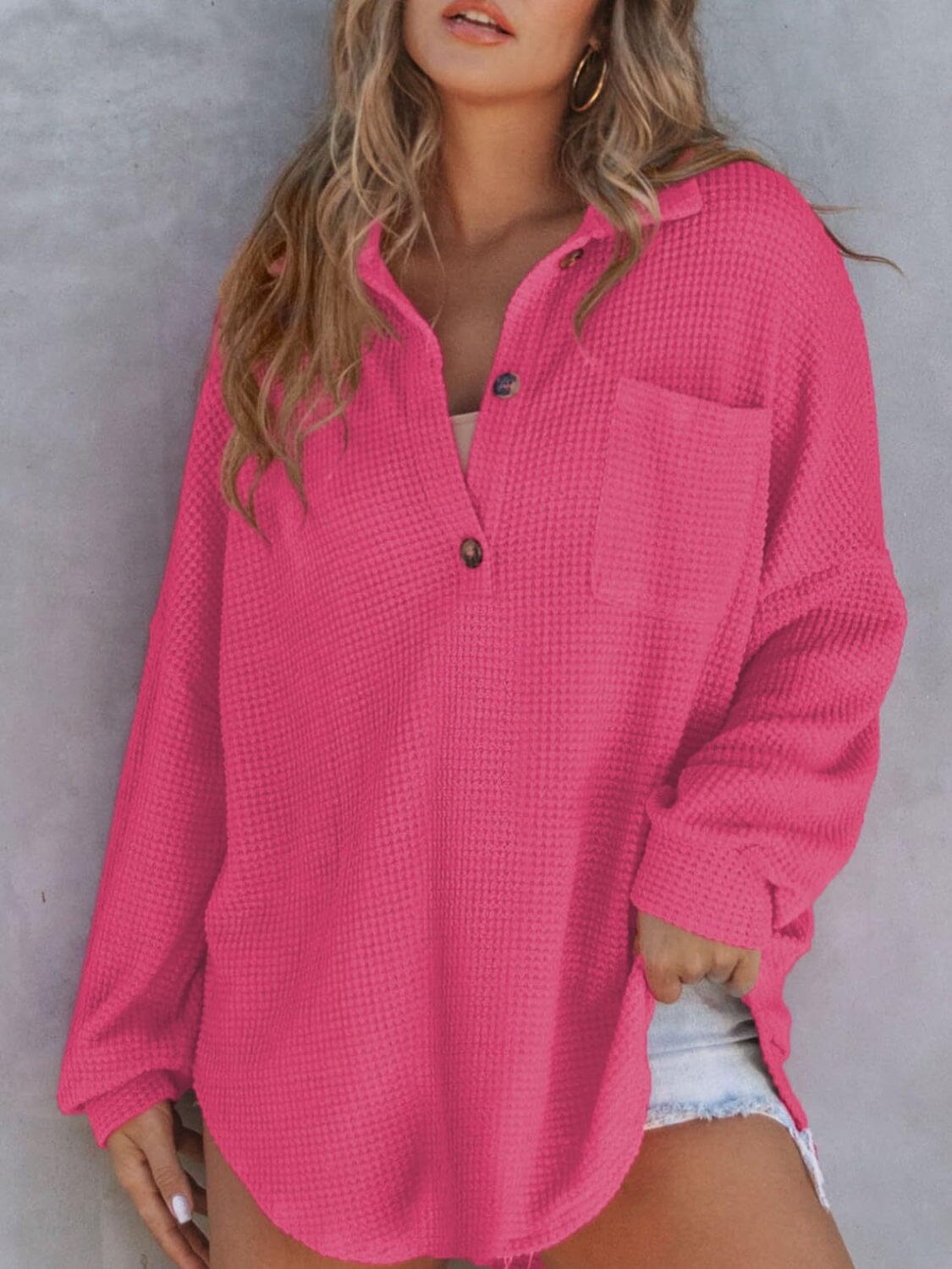 Waffle-Knit Dropped Shoulder Long Sleeve Sweatshirt - Sydney So Sweet